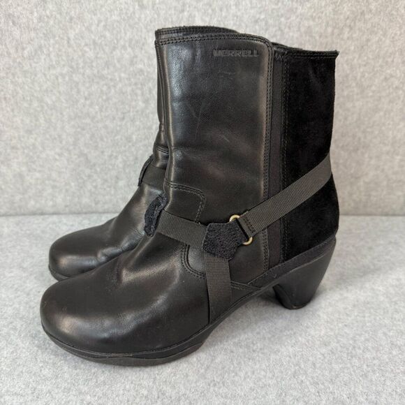 Merrell Womens Size 8 Black Evera Leather Suede Zip-Up Ankle Boots Booties Strap - Picture 1 of 12